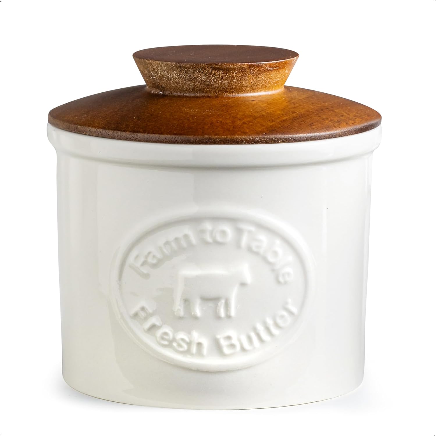 Butter Crock, Ceramic Butter Dish with Lid for Countertop, French Butter Keeper, Farmhouse Cow Pattern, White