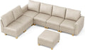 SITJOY 118" Faux Leather Modular Sectional Sofa with Storage, Mid Century Modern Sectional Couches for Living Room, Soft Padded Armrests, 7 Seat L Shaped Couch with Ottoman, Greige