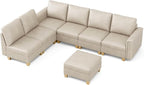 SITJOY 118" Faux Leather Modular Sectional Sofa with Storage, Mid Century Modern Sectional Couches for Living Room, Soft Padded Armrests, 7 Seat L Shaped Couch with Ottoman, Greige