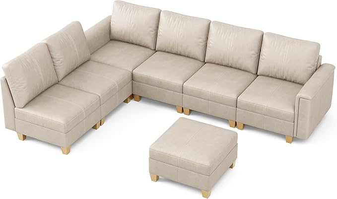 SITJOY 118" Faux Leather Modular Sectional Sofa with Storage, Mid Century Modern Sectional Couches for Living Room, Soft Padded Armrests, 7 Seat L Shaped Couch with Ottoman, Greige