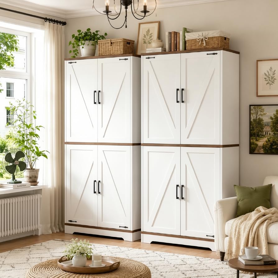 CypherX 75” Farmhouse Storage Cabinet, Large Kitchen Pantry Storage Cabinet w...