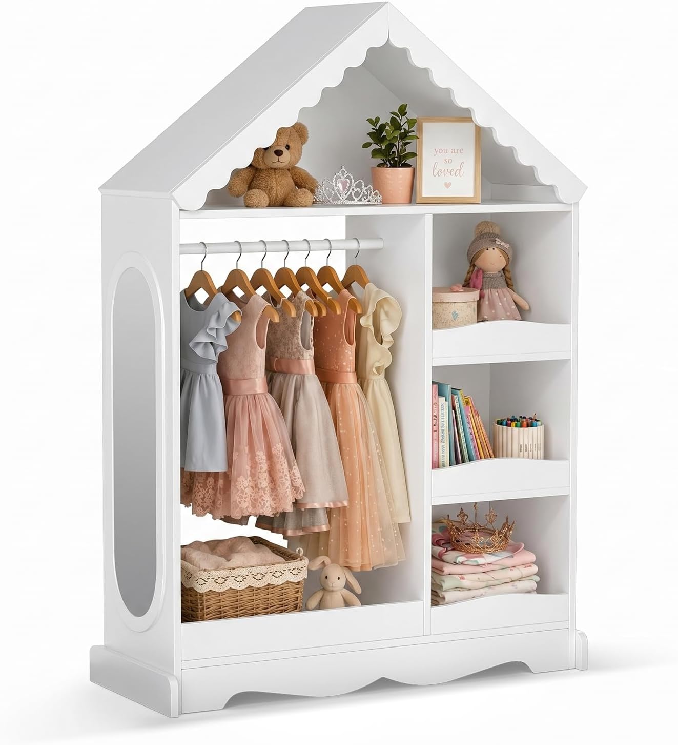 VOWNER Kids Wardrobe Closet with Mirror and Storage Shelves (White) | Dress up closet with hanging rod, shoe rack & 3 hooks, ideal for bedroom, playroom & nursery