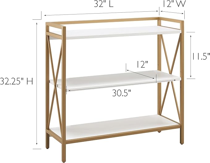 Leick Home Claudette Bookshelf, White Wood, Satin Gold, 3 Shelves, Easy Assembly, 12 in D x 32 in W x 32.25 in H, Item 9261-WTGL