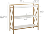 Leick Home Claudette Bookshelf, White Wood, Satin Gold, 3 Shelves, Easy Assembly, 12 in D x 32 in W x 32.25 in H, Item 9261-WTGL