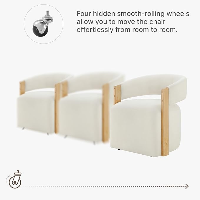 Upholstered Dining Chairs Set of 2, Barrel Modern Dining Room Chairs with Casters, Kitchen Side Wooden Armchair with Fabric Cushion Seat for Bedroom, Livingroom, Reading Room, Beige, 2 Boxs