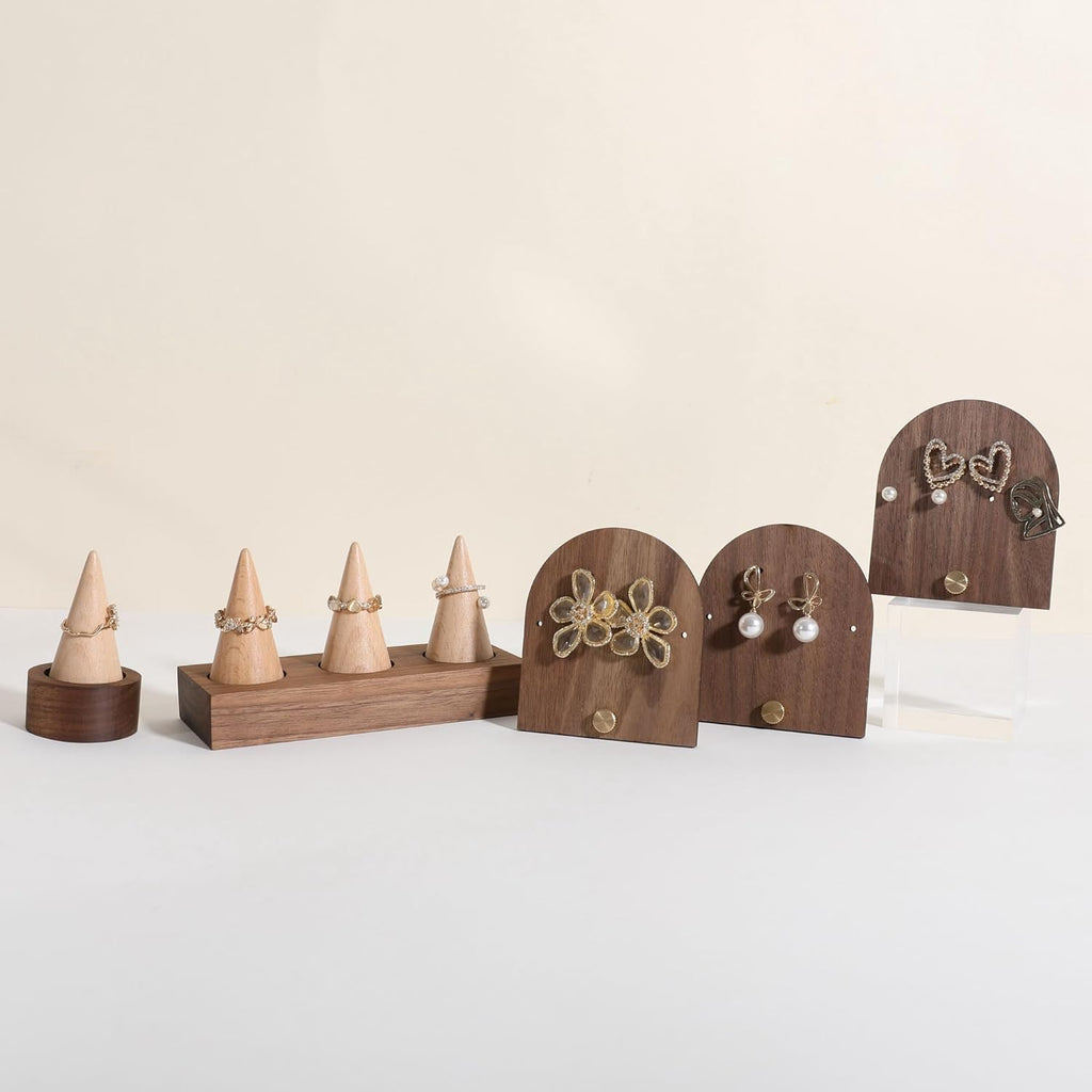 GemeShou 3pcs wooden jewelry earring organizer holder, walnut earring studs stand for boutique store, cute earring display for selling with 6 holes on each【Earring stand-Arch-3pcs】