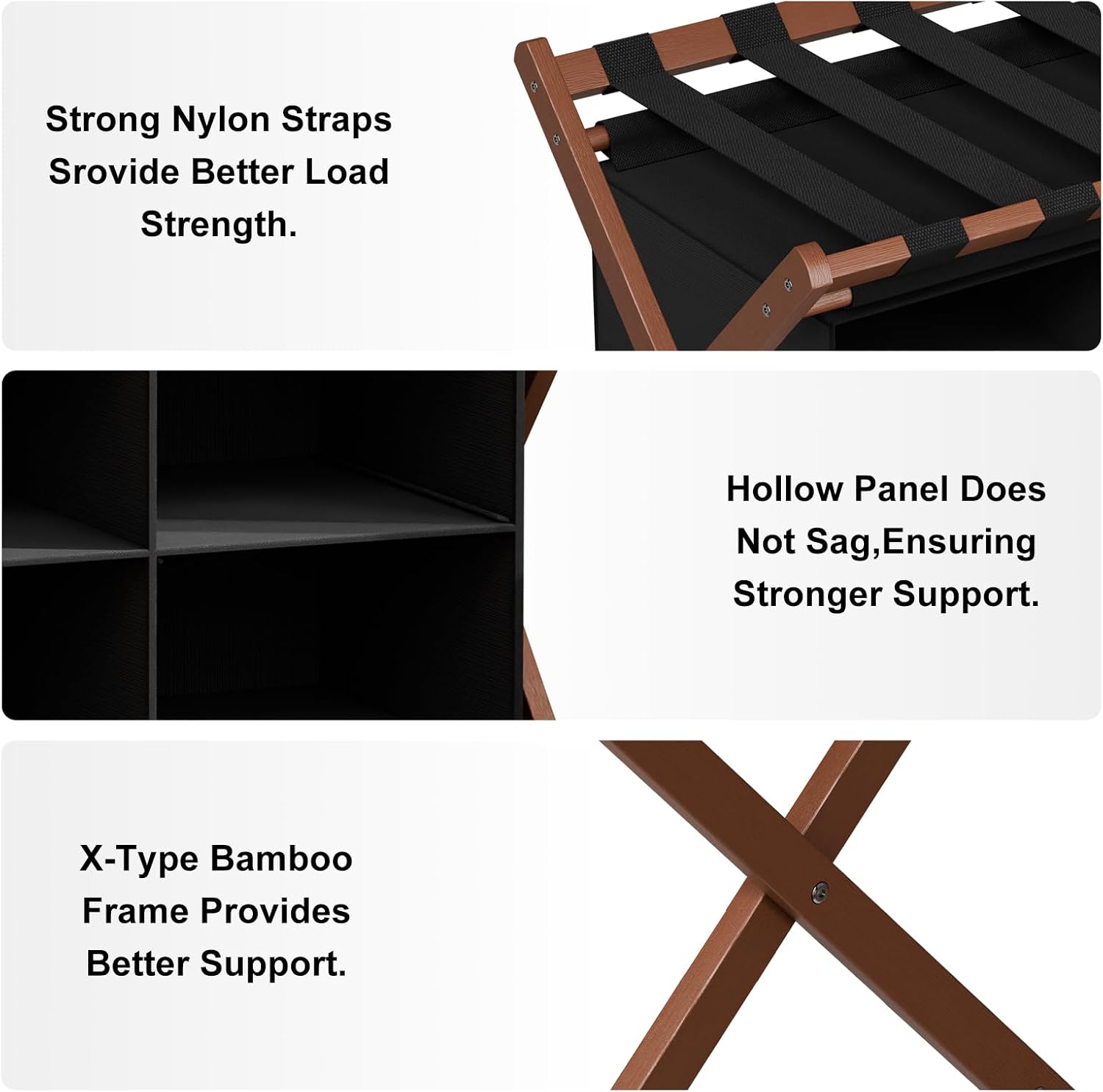 Bamboo Luggage Rack with 4 Storage Compartments, 150 lb Capacity | 600D Water-Resistant Oxford Fabric,Foldable,Space-Saving Design,Stable X-Frame Structure,Natural Bamboo, Strong and Durable
