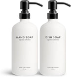 Vine Creations White Glass Soap Dispenser Set, Dish Soap and Hand Soap Dispenser Set with Stainless Steel Pump, 16 oz Glass Dispensers for Kitchen or Bathroom Decor (Matte White Bottle/Matte Black)