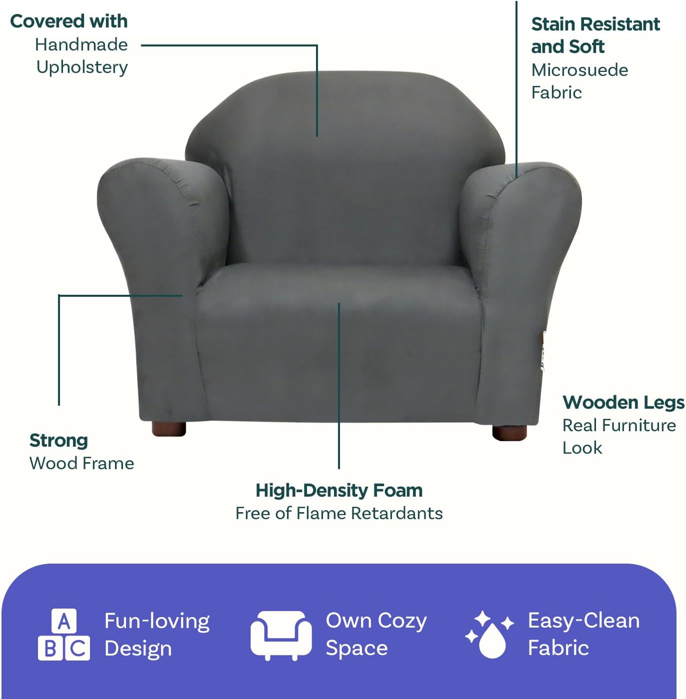 Roundy Toddler Armchair with Soft Microsuede Upholstery Durable Wooden Frame, Ergonomic Design, Fully Assembled, Comfortable Kids Chair for Ages 2-5, Ideal for Bedroom, Playroom & Daycare Use.