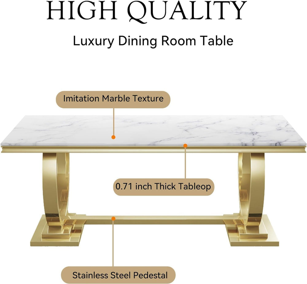 7 Piece Dining Table Set, White Faux Marble Dining Table with 6 Beige Velvet ...