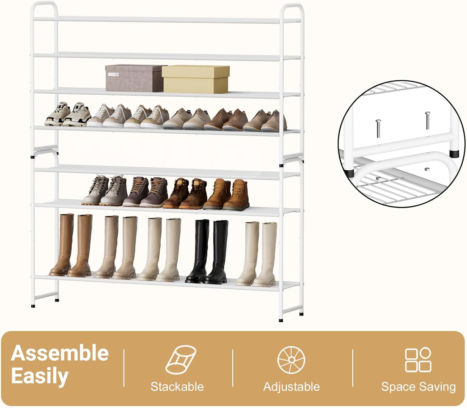KEETDY 4-Tier Long Shoe Rack for Closet Floor, Wide Shoe Organizer Storage, Stackable Shoe Rack for Entryway Metal Shoe Shelf for 30 Pairs Men Sneakers with Wire Grid for Bedroom, White