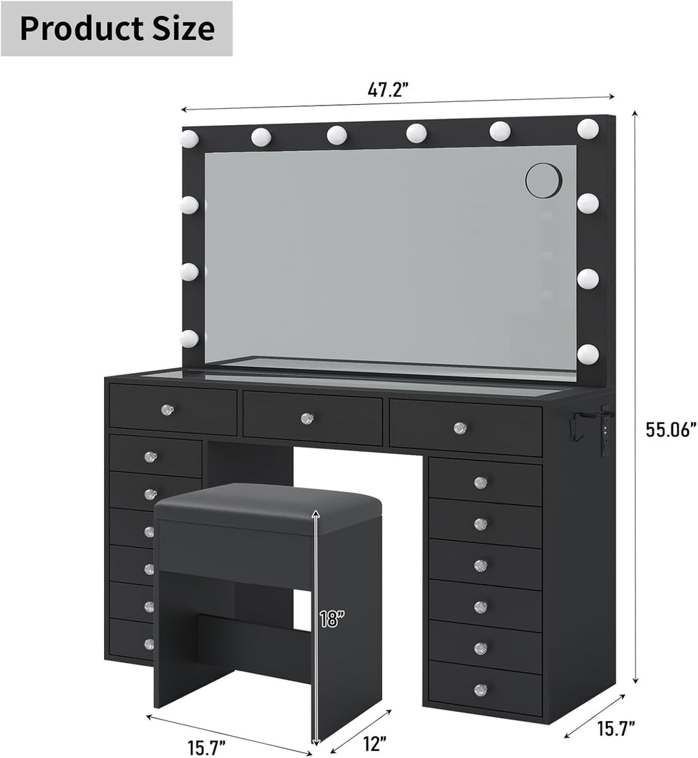 FUSOU 15 Drawers Vanity Desk with Mirror and Lights, Black | 47'' Mak...
