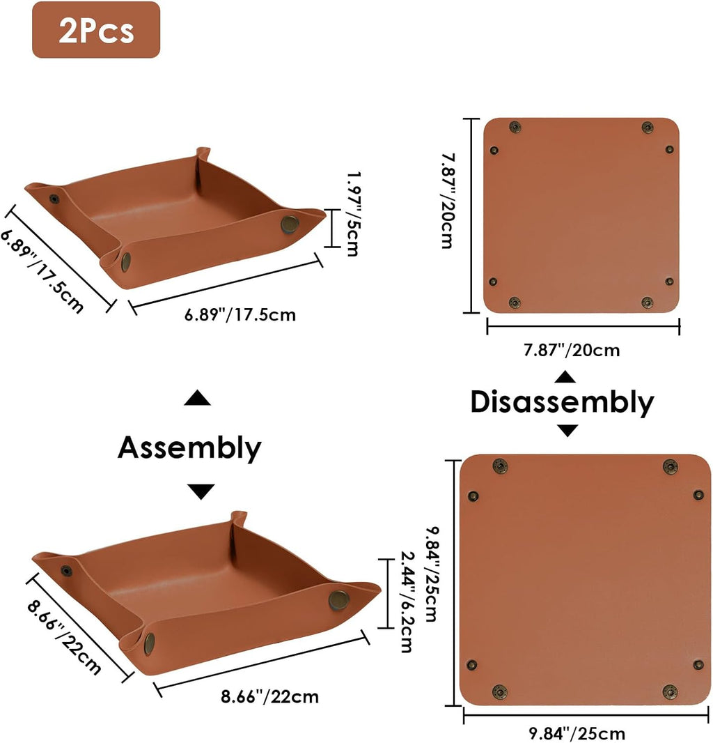 2 Pack (Size:9.84"&7.87") PU Leather Jewelry Valet Tray,Portable Entryway Table Nightstand Desk Tray Catchall Travel Plate Organizer for Phone, Keys, Wallet, Watch,Coin (Brown)