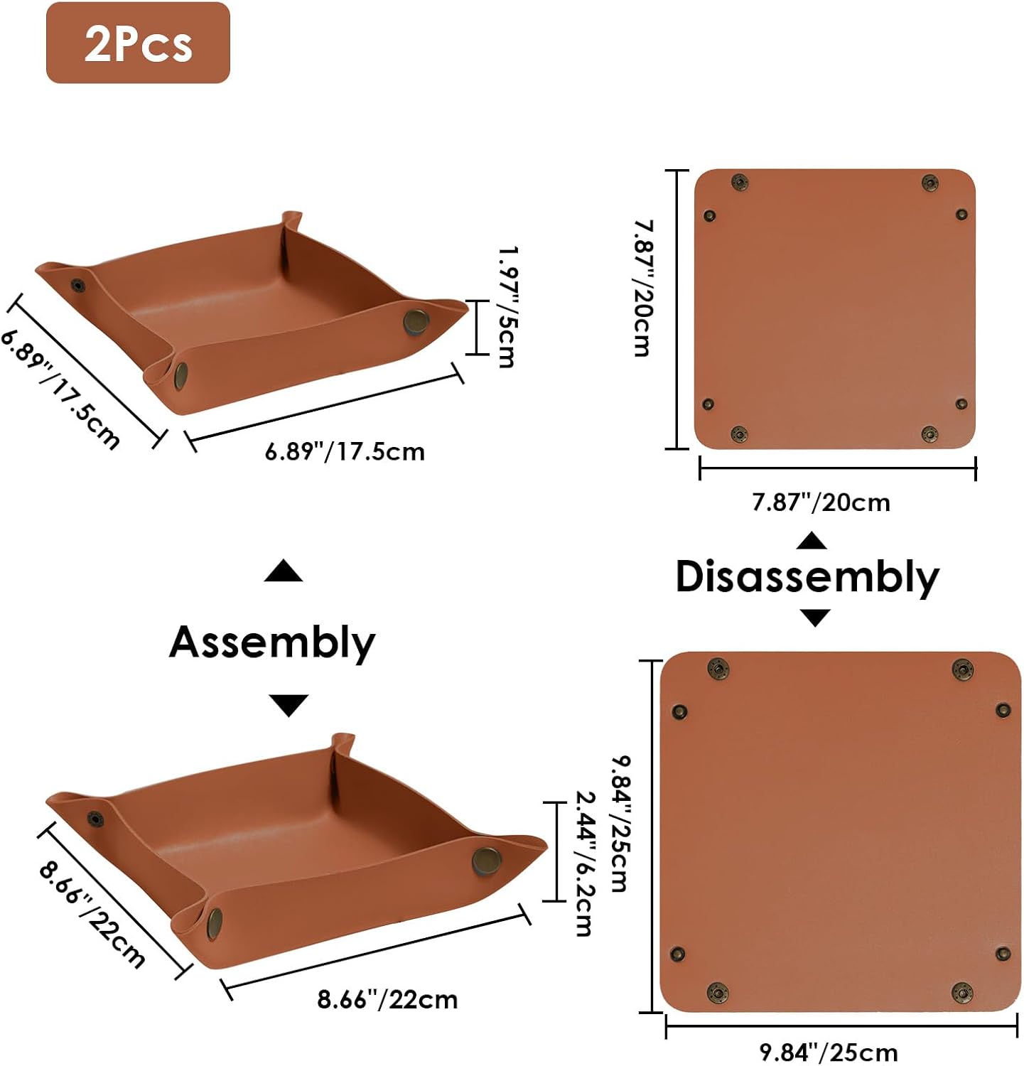 2 Pack (Size:9.84"&7.87") PU Leather Jewelry Valet Tray,Portable Entryway Table Nightstand Desk Tray Catchall Travel Plate Organizer for Phone, Keys, Wallet, Watch,Coin (Brown)