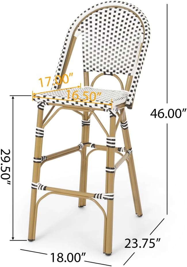 Saiveina 29.5" Outdoor PE Rattan French Barstool, White and Black, Alumi...