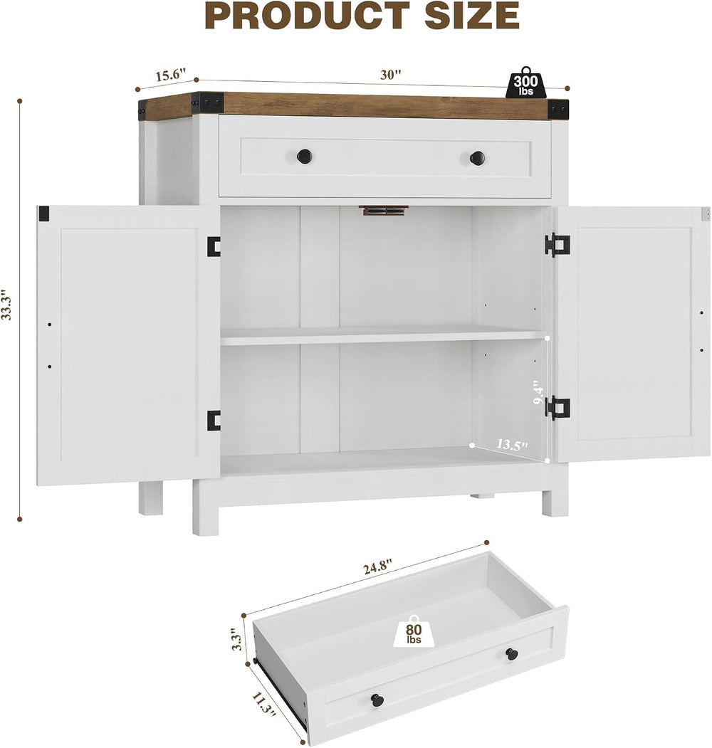 HOSTACK 31.5"W Kitchen Storage Cabinet, Farmhouse Coffee Bar Cabinet, Wh...