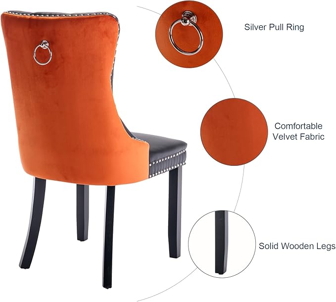Dining Chairs Set of 6, Upholstered Tufted Dining Room Chairs with High Back, Nailhead Trim and Solid Wood Legs, Modern Dinning Chairs for Dining Room, Black Pu Leather Splicing Orange Velvet