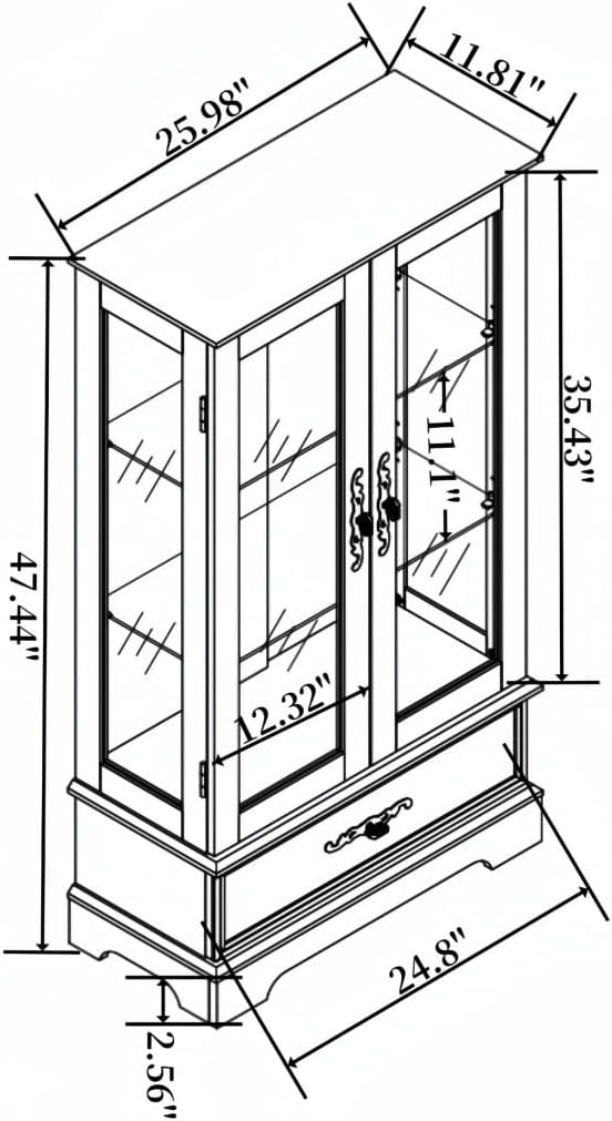 47" LED Glass Accent Curio Cabinet, 3-Tier Antique Storage Cage with Adj...