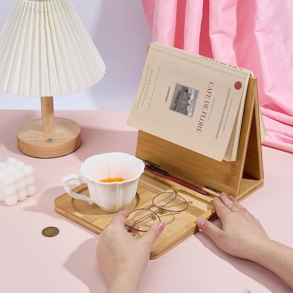 PH PandaHall Wooden Book Stand for Reading Rest Triangle Book Holder with Cup Pen Phone Glasses Organizer Foldable Reading Rest Rack for Book Lover Readers Office Bedroom Nightstand Desktop