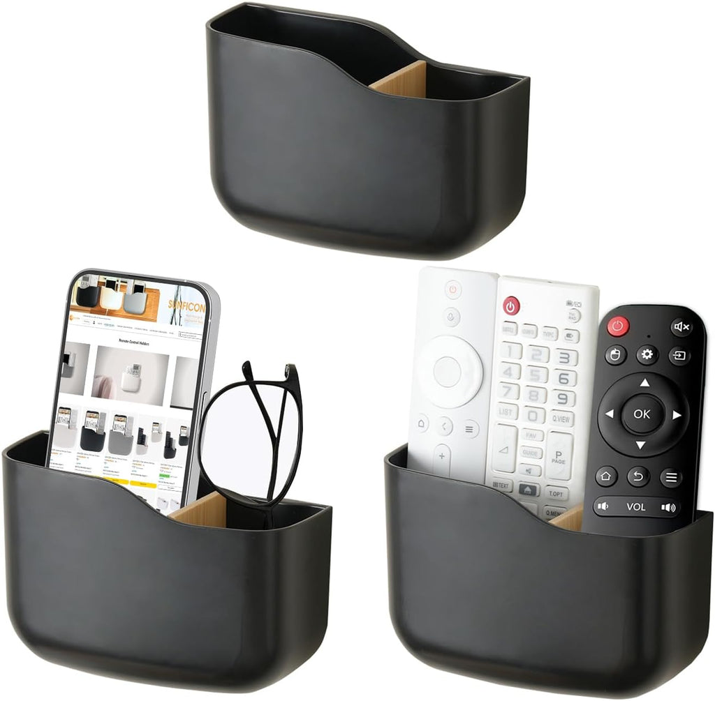 SUNFICON Wall Mount Remote Control Holders 3 Pack Adhesive Media Player Controller Holder Universal TV Remote Organizer Caddy Box Tray Hollow Bottom Phone Charging Home Office Desk Nightstand Black