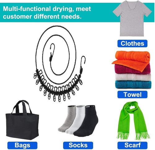 2 Pack Portable Clothesline with 12 Clothespins, Windproof Travel Stretchy Retractable Elastic Laundry Clothes Line for Backyard, Vacation Hotel, Balcony Drying