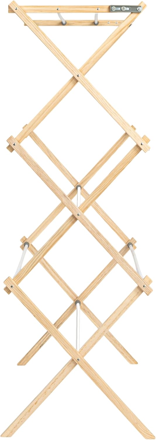 Household Essentials X-Frame Clothes Drying Rack, Stabile Wood Frame with Slanted Feet, Smooth Vinyl Wrapped Rods, 23.8 Feet of Hanging Space, Ready to Assemble, Flat Top, Natural