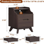Nightstand with Charging Station, 21" Tall Nightstand w/2 Storage Drawers, Wood Night Stand with Hidden Handle, 17'' Wide Modern Bedside Table for Bedroom, Brown