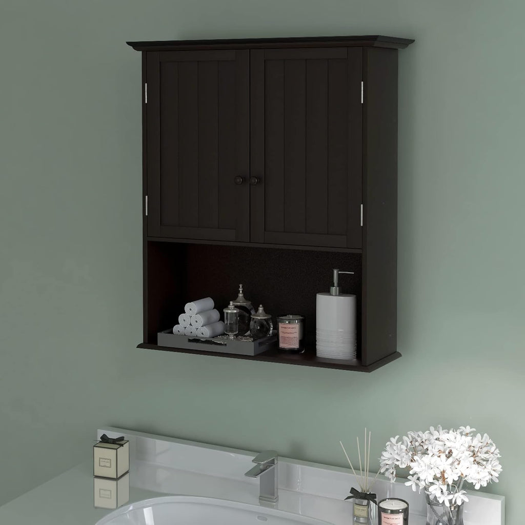 Tangkula Wall Mount Bathroom Cabinet Wooden Medicine Cabinet Storage Organizer with 2-Doors and 1-Shelf Cottage Collection Wall Cabinet (Espresso)