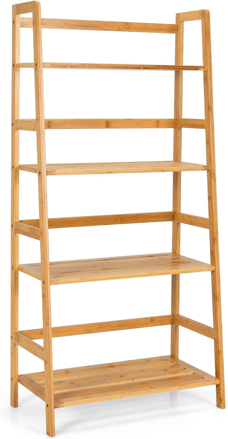 Giantex Ladder Shelf, 4 Tier Bamboo Ladder Bookshelf, 48’’ Tall Freestanding Bookcase Storage Rack Plant Stand for Living Room, Balcony, Office, Bedroom, Farmhouse Wooden Ladder Bookshelf, Natural