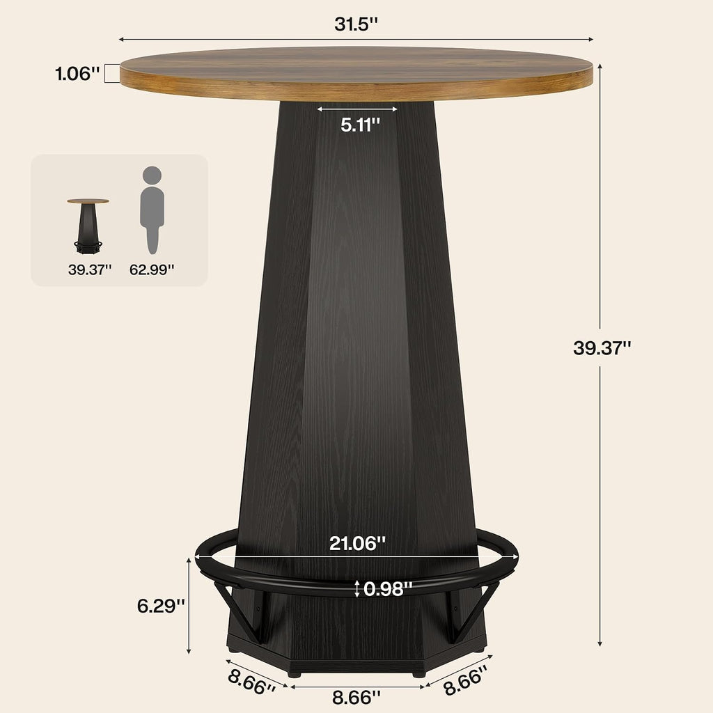 Tribesigns Round Bar Pub Table High Top, 39.4" H Bistro Cocktail Table with Metal Footrest for Drinking & Gathering, Industrial Home Bar Unit, Small Spaces, Brown & Black