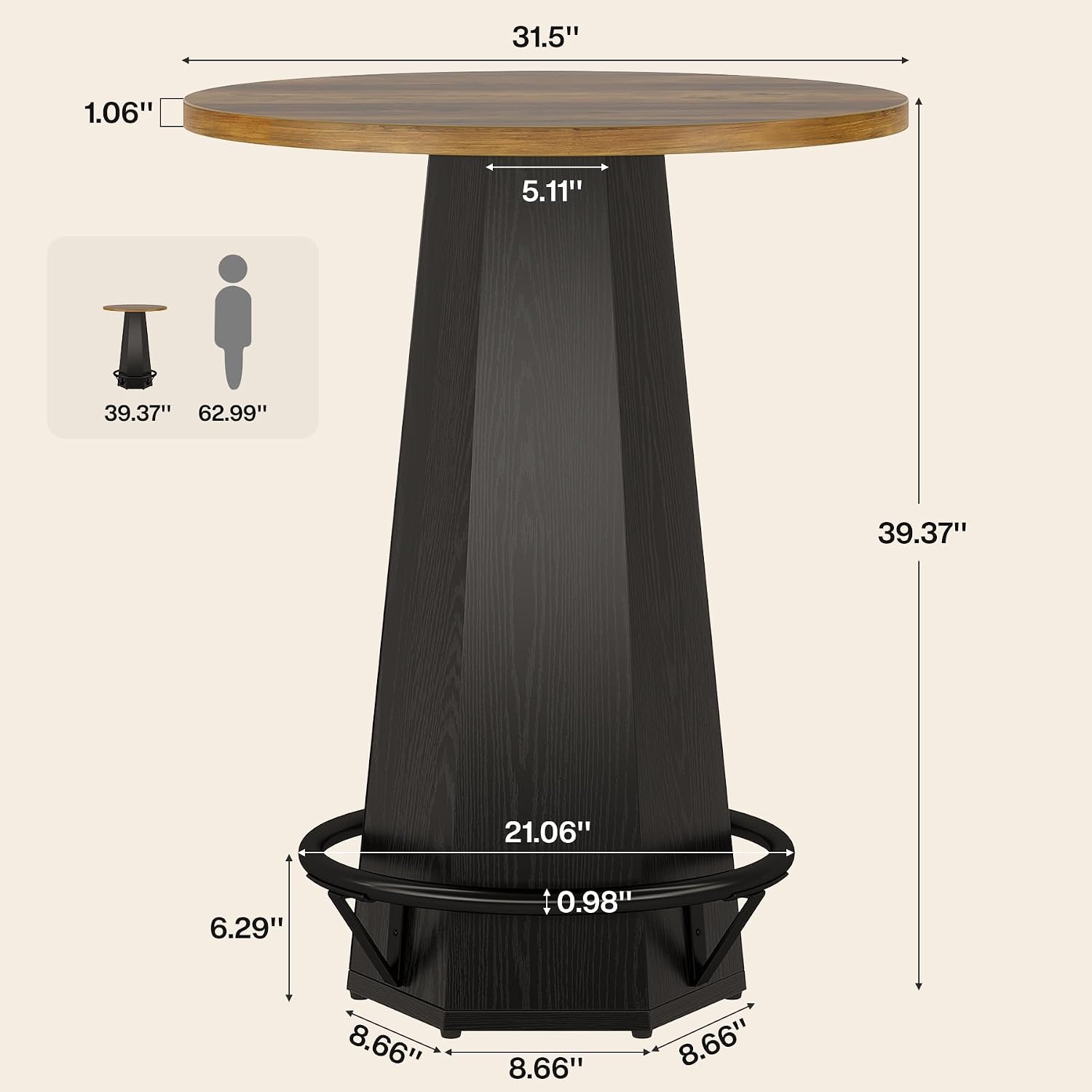 Tribesigns Round Bar Pub Table High Top, 39.4" H Bistro Cocktail Table with Metal Footrest for Drinking & Gathering, Industrial Home Bar Unit, Small Spaces, Brown & Black