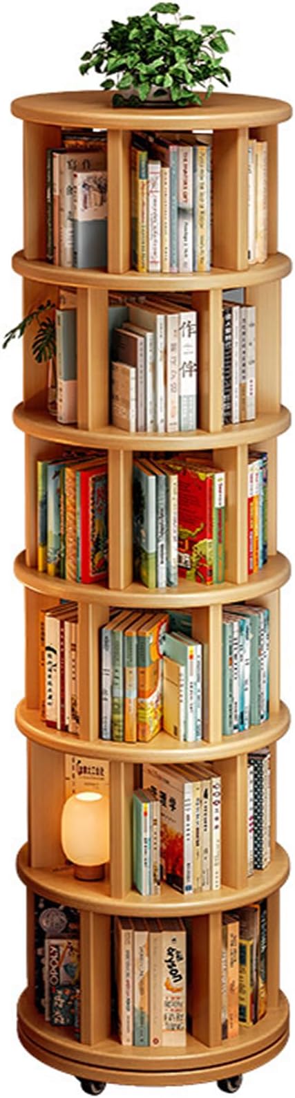 Wood Rotating Bookshelf on Wheels, 360-Degree Space Saving Bookcase, Large Capacity Spinning Bookshelf Tower for Living Room,Bedroom and Corners (Nature-6 Layers)
