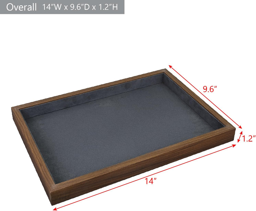 MOOCA 2 Pcs Wooden Jewelry Display Tray, Presentation Tray, Organizer for Rings, Necklaces, Earrings, and Accessories, Walnut Color with Grey Suede, 14" W x 9.6" D x 1.2" H