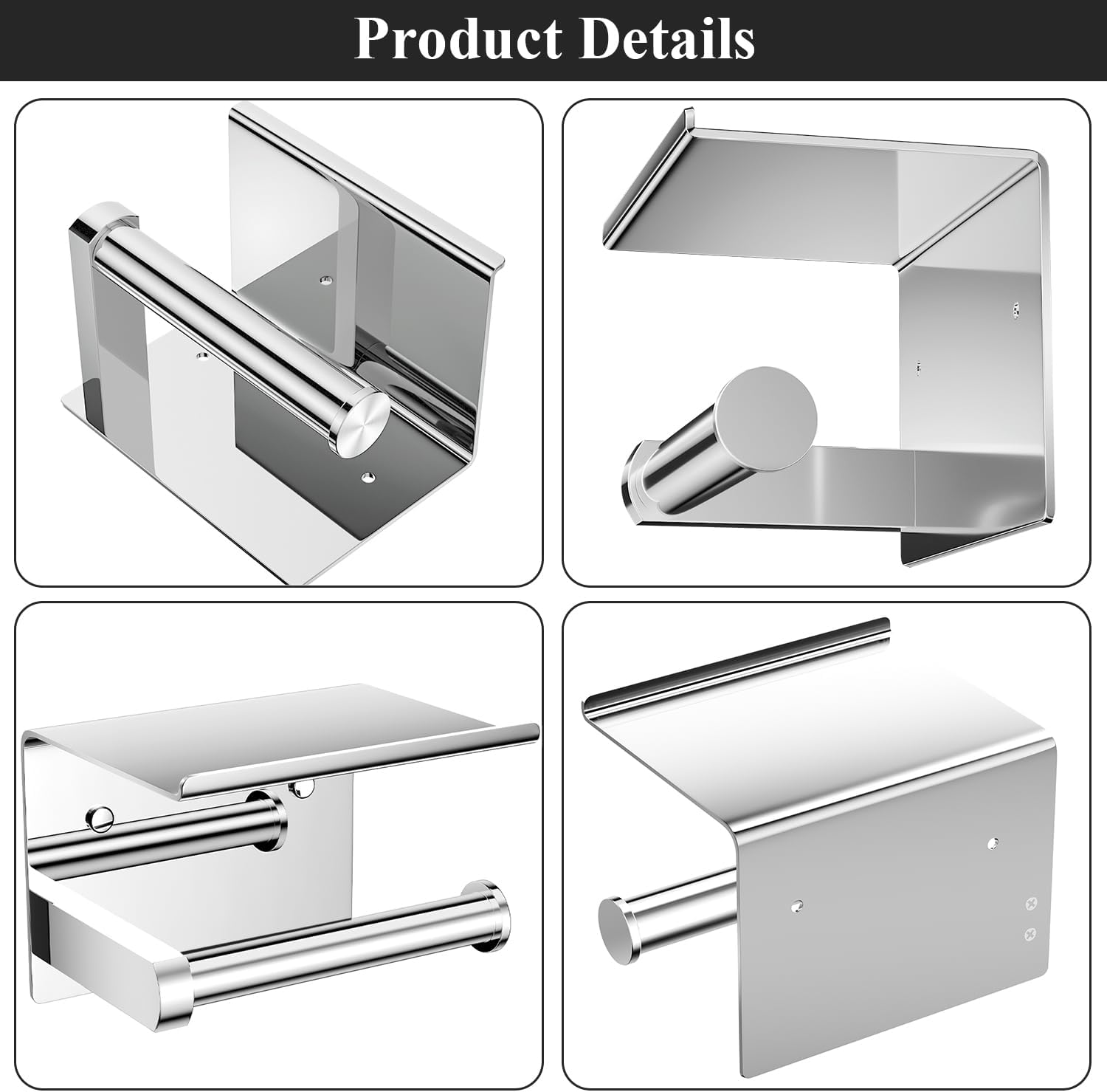 Tindbea Toilet Paper Holder with Phone Shelf, Adhesive or Screw Wall Mount Toilet Tissue Roll Holder, Rustproof & Multifunctional Stainless Steel Bathroom Storage Dispenser (Polished Chrome)
