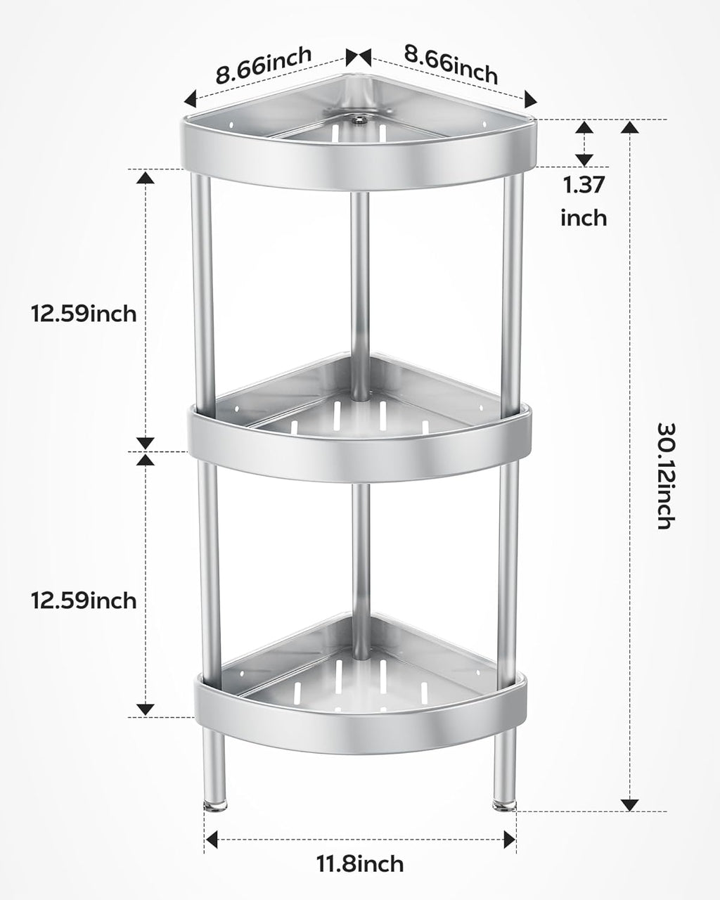 Nieifi Corner Shower Caddy Stand-3 Tier Rustproof Anodized Aluminum Standing Shower Organizer-Shower Caddy Corner-Dual Stability to Anti-Shaking-Height-Adjustable Legs for Uneven Surfaces-Silver