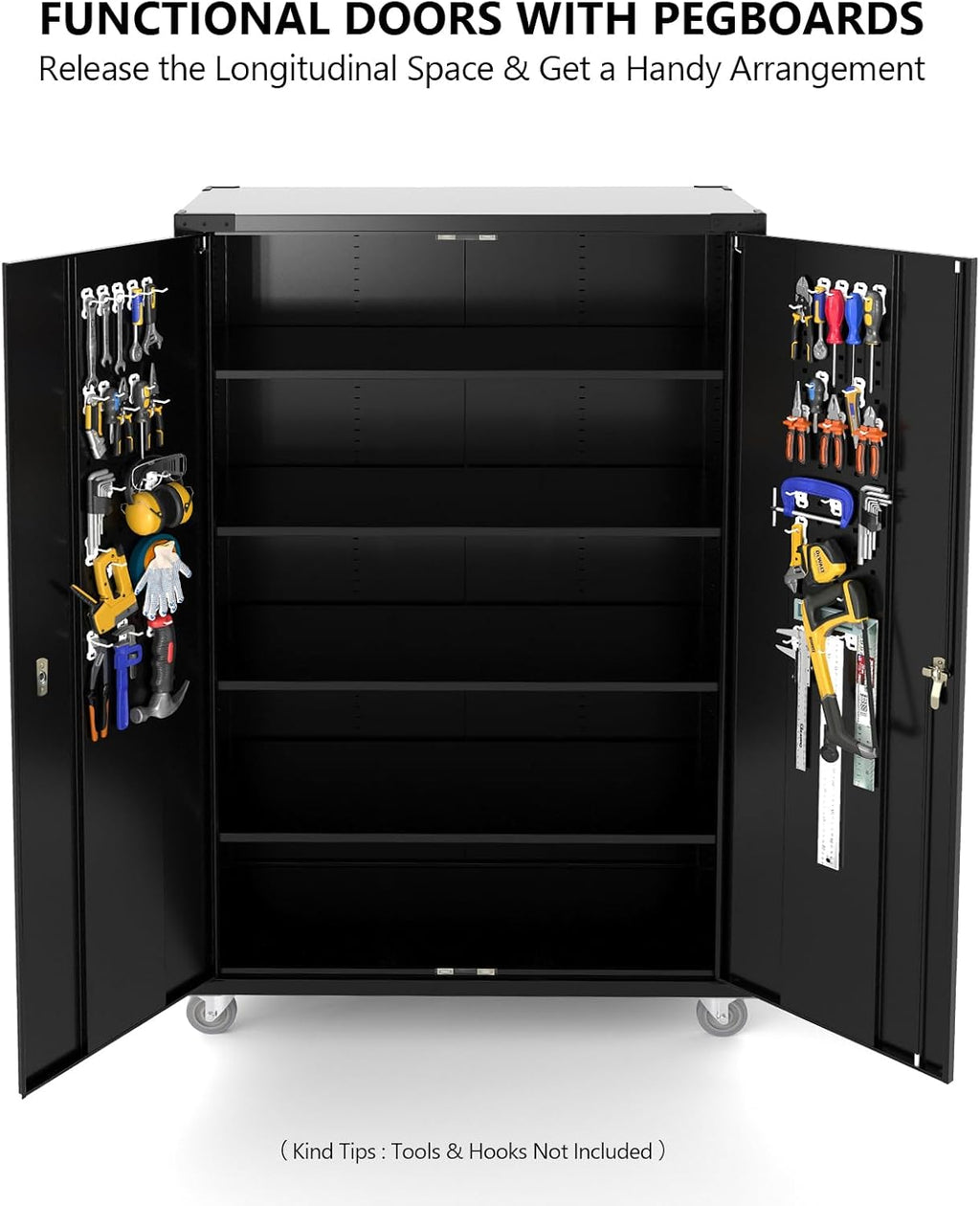 VINGLI Upgraded Wide & Deep Garage Storage Cabinet, Metal Storage Cabinet with Pegboards, Wheels, Locking Doors and Adjustable Shelves (Black, 43''W x 20''D x 72''H)