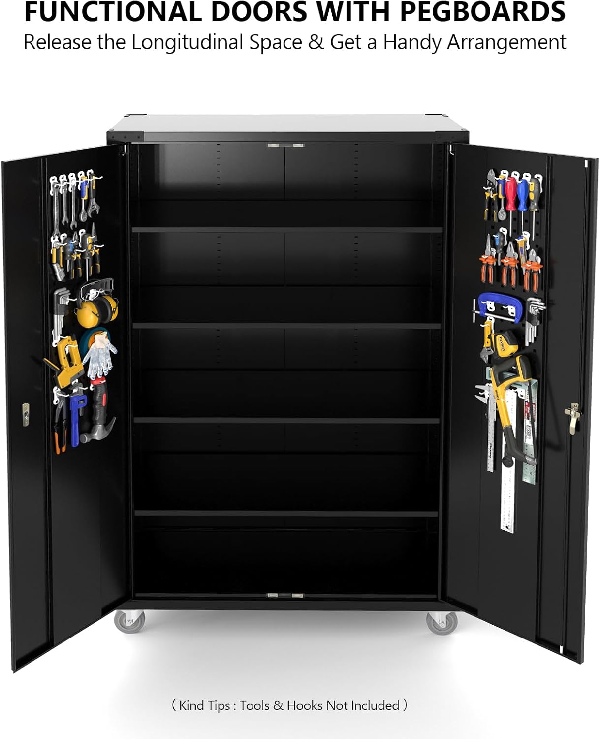 VINGLI Upgraded Wide & Deep Garage Storage Cabinet, Metal Storage Cabinet with Pegboards, Wheels, Locking Doors and Adjustable Shelves (Black, 43''W x 20''D x 72''H)