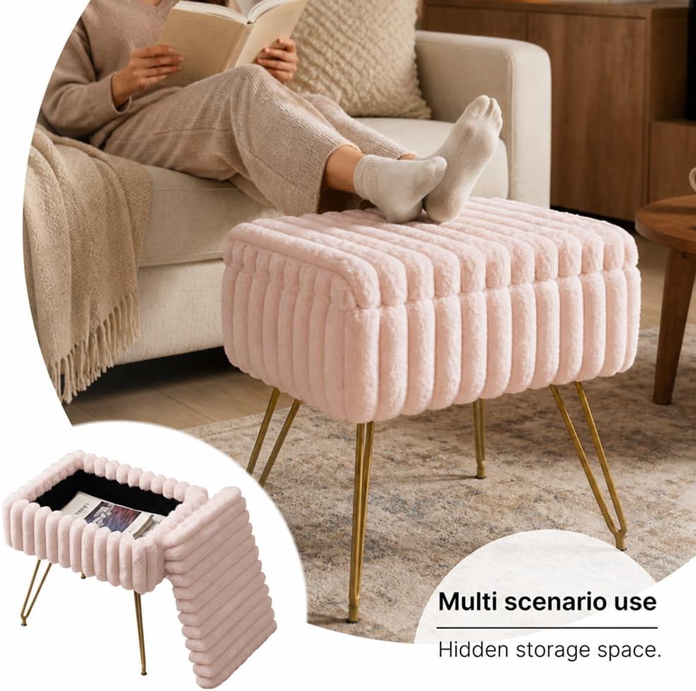 Faux Fur Storage Ottoman, Modern Soft Footstool, Storage Bench with Metal Leg...
