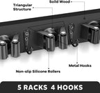 IMILLET Broom Holder Wall Mount, Wood Broom Holder with 5 Racks and 4 Hooks Broom Organizer, Laundry Room Organization and Storage, Mop Hanger for Home Organization, Garden, Garage, Closet (Black)