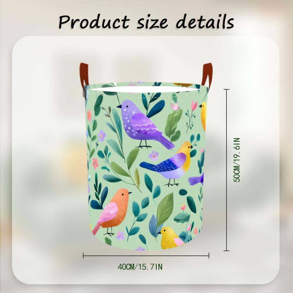 Laundry Baskets 15.7x19.7 Inch Large Colorful Birds Leaves Floral Design Collapsible Laundry Hamper with Handles Oxford Fabric Clothes Storage Bin Foldable Dirty Clothes for Bedroom Bathroom Dorm