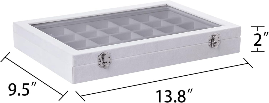 Frebeauty Velvet Jewelry Tray,35 Grid Jewelry Organizer with Clear Lid,Earring Holder Organizer Case with Clasp,Drawer Insert for Rings Studs,13.8 x 9.5 x 2 Inches,Gift for Women Girls(White)