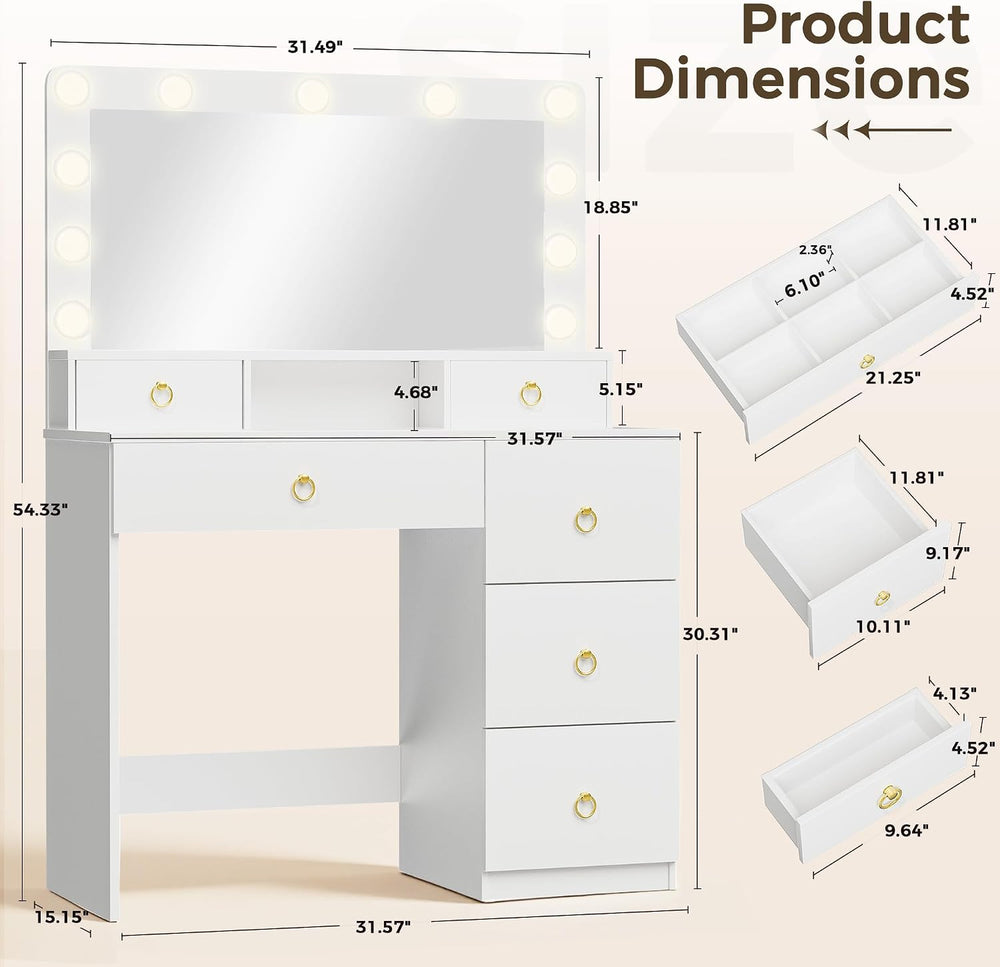 COMHOMA Makeup Vanity Desk with Mirror and Lights, Vanity Table with Divided ...