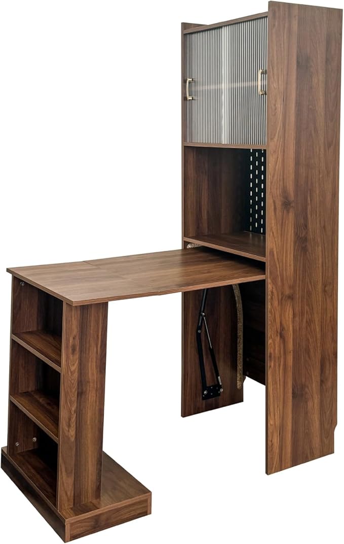 KEIKI Folding Home Office Desks with Pegboard, Glass Doors, Bookshelf & Storage Shelves, Modern Wooden Computer Table Workstation for Work, Study, Writing