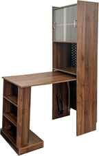 KEIKI Folding Home Office Desks with Pegboard, Glass Doors, Bookshelf & Storage Shelves, Modern Wooden Computer Table Workstation for Work, Study, Writing