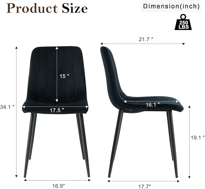 Dining Chairs Set of 4, Modern Kitchen Dining Room Chairs, Ergonomic Velvet Dining Chairs Upholstered Cushion Seat and Sturdy Metal Legs (Black)