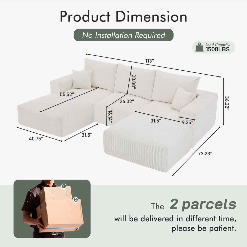 Gericco 113" Modular Sectional Couch, Cloud Sofa with Deep Seats, Uphols...