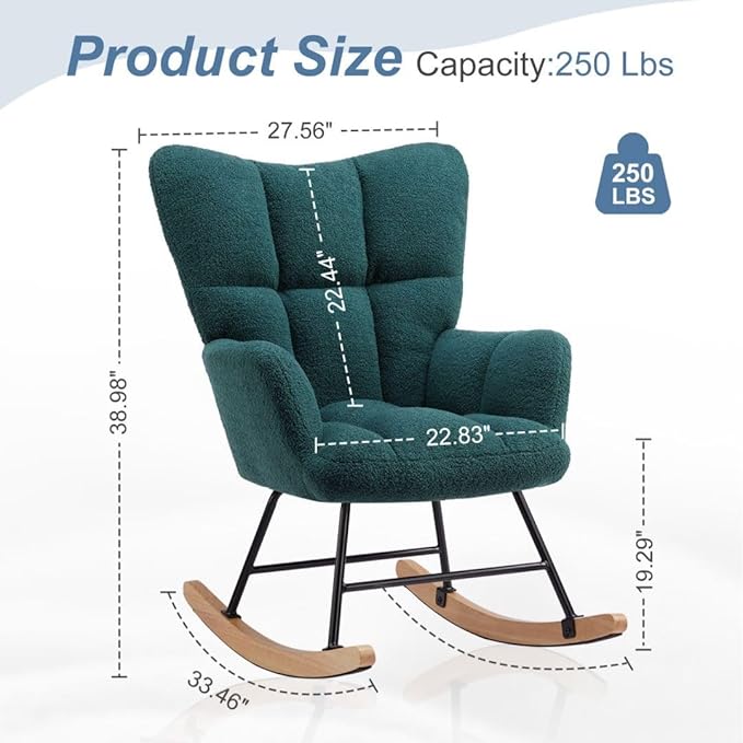 Nursery Rocking Chair, Boho Accent Ottoman, Teddy Upholstered Glider Rocker with High Backrest, Recliner Function and Foot Rest for Living Room, Small Spaces, Bedroom, Green