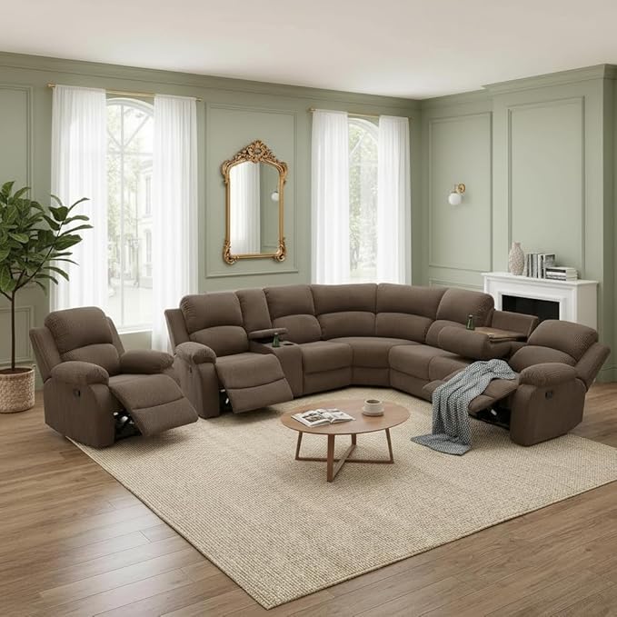 Manual Recliner Sectional Sofa Set, Corduroy L-Shaped Living Room Furniture Sets, Reclining Sectional Corner Couch and Recliner Chair Set for Home Office (Peanut, Sectional + Chair)