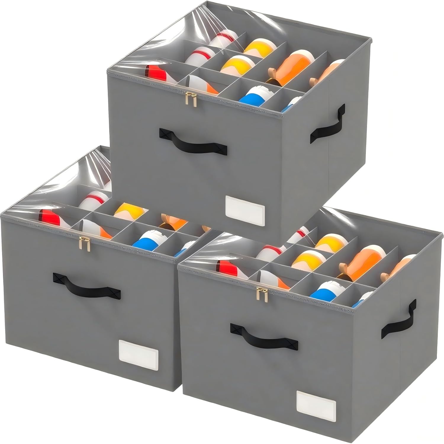 3 Pack Shoe Organizer for Closet, Foldable Shoe Storage Containers, Fits up to 24-48 Pairs, Shoe Storage Organizer Box Cubby Baskets Bins with Clear Cover and Reinforced Handles, Gray