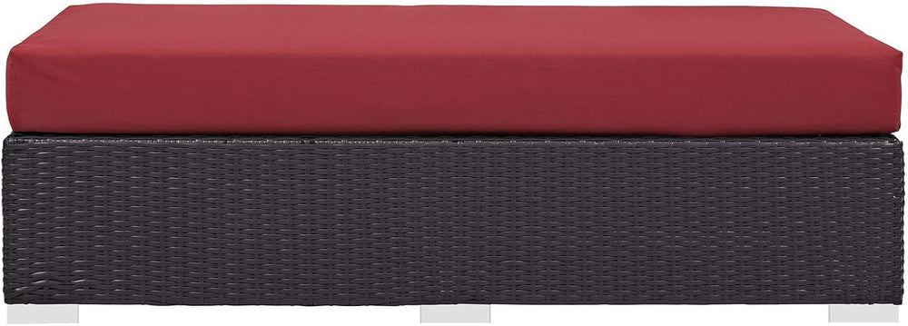 BOWERY HILL Rectangle Fabric Rattan Patio Ottoman, Espresso Finish with Red C...